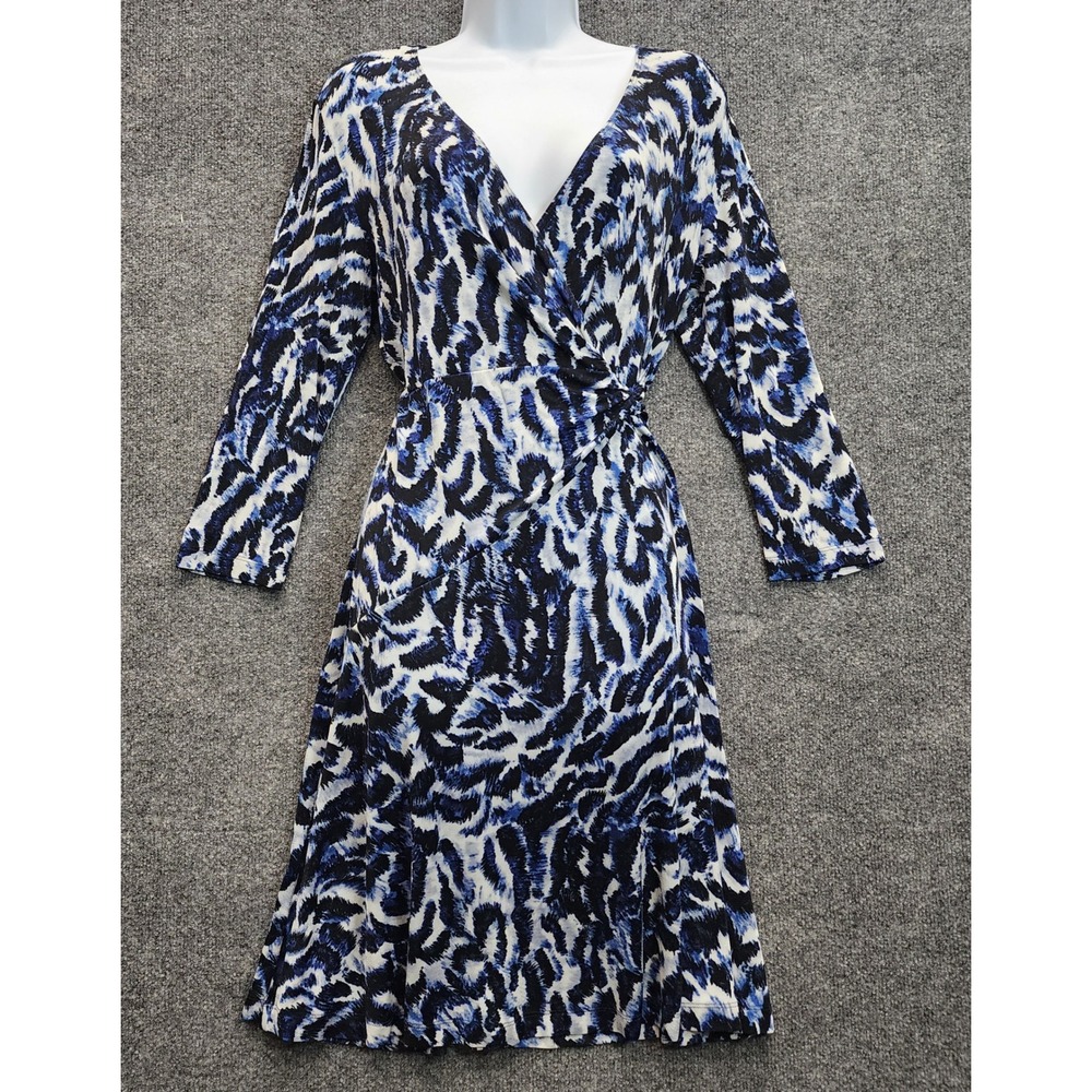 Chico's Travelers Womens Blue Animal Print Faux Wrap V Neck Career Midi Dress 1